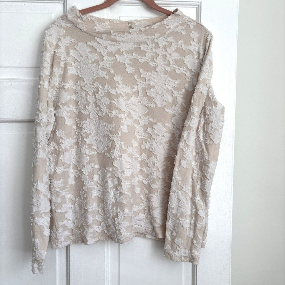 LOFT Womens Cream Textured Floral Eyelash Cotton Long Sleeve Blouse Large 513218